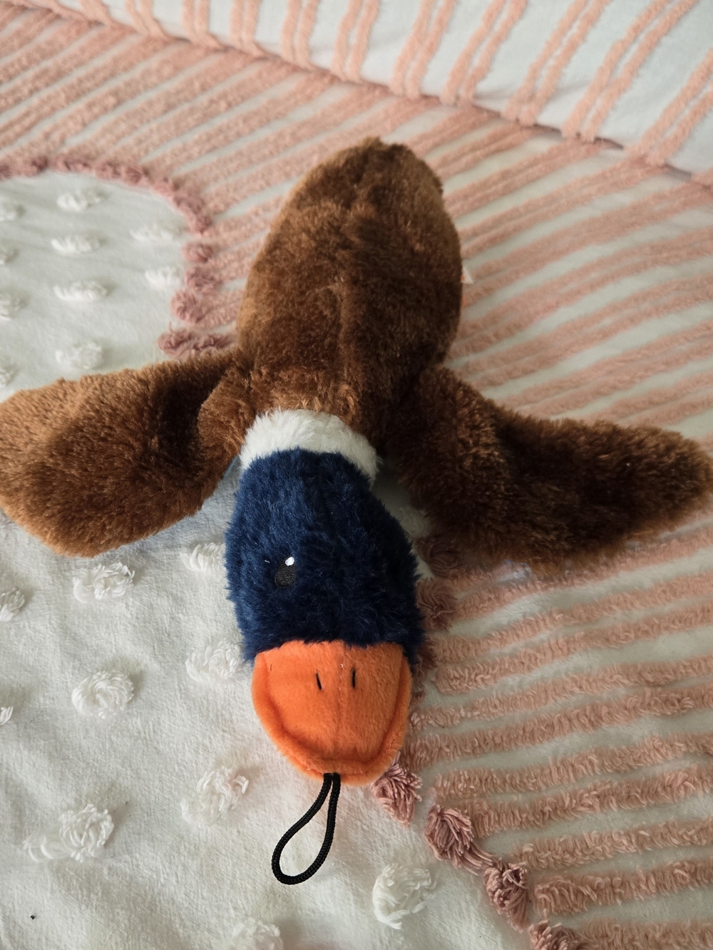 Plush Duck Bird Dog Toy With Squeaker — Brown, Navy & Orange